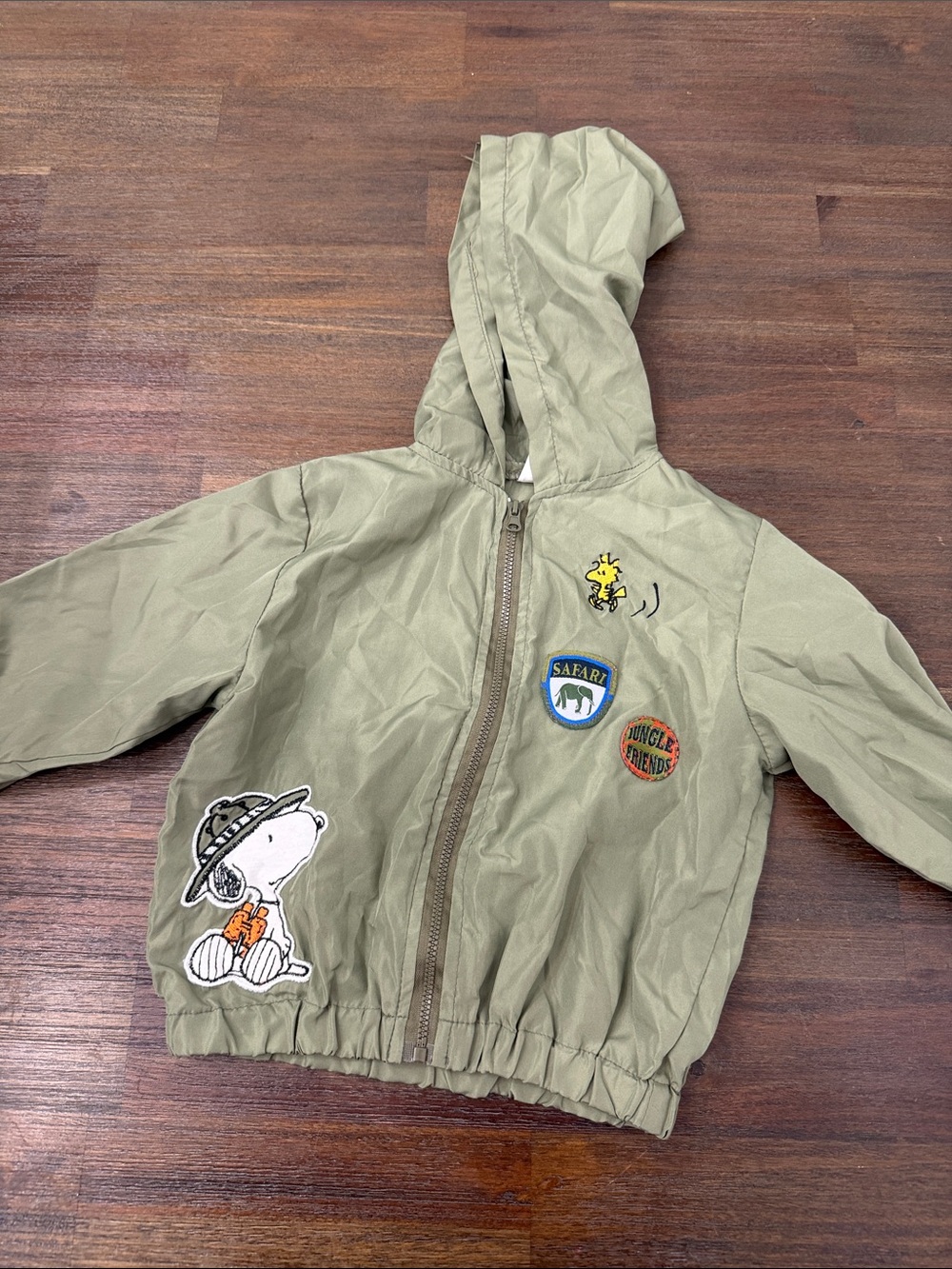 Peanuts Olive Green Hooded Kids Jacket with Snoopy & Patches